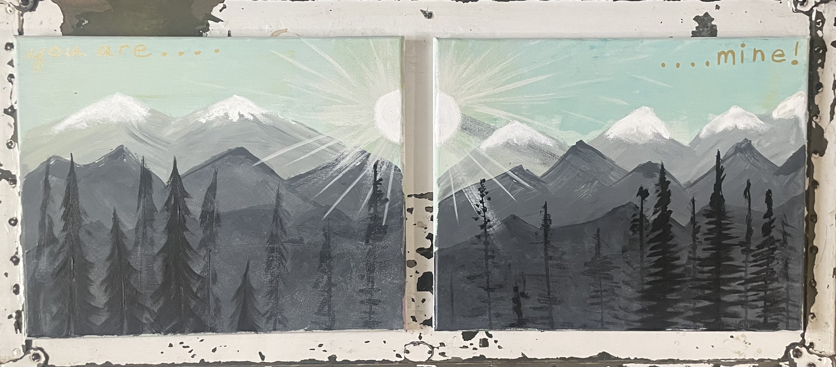 Misty mountain landscape painting with snow-capped peaks and pine trees in foreground