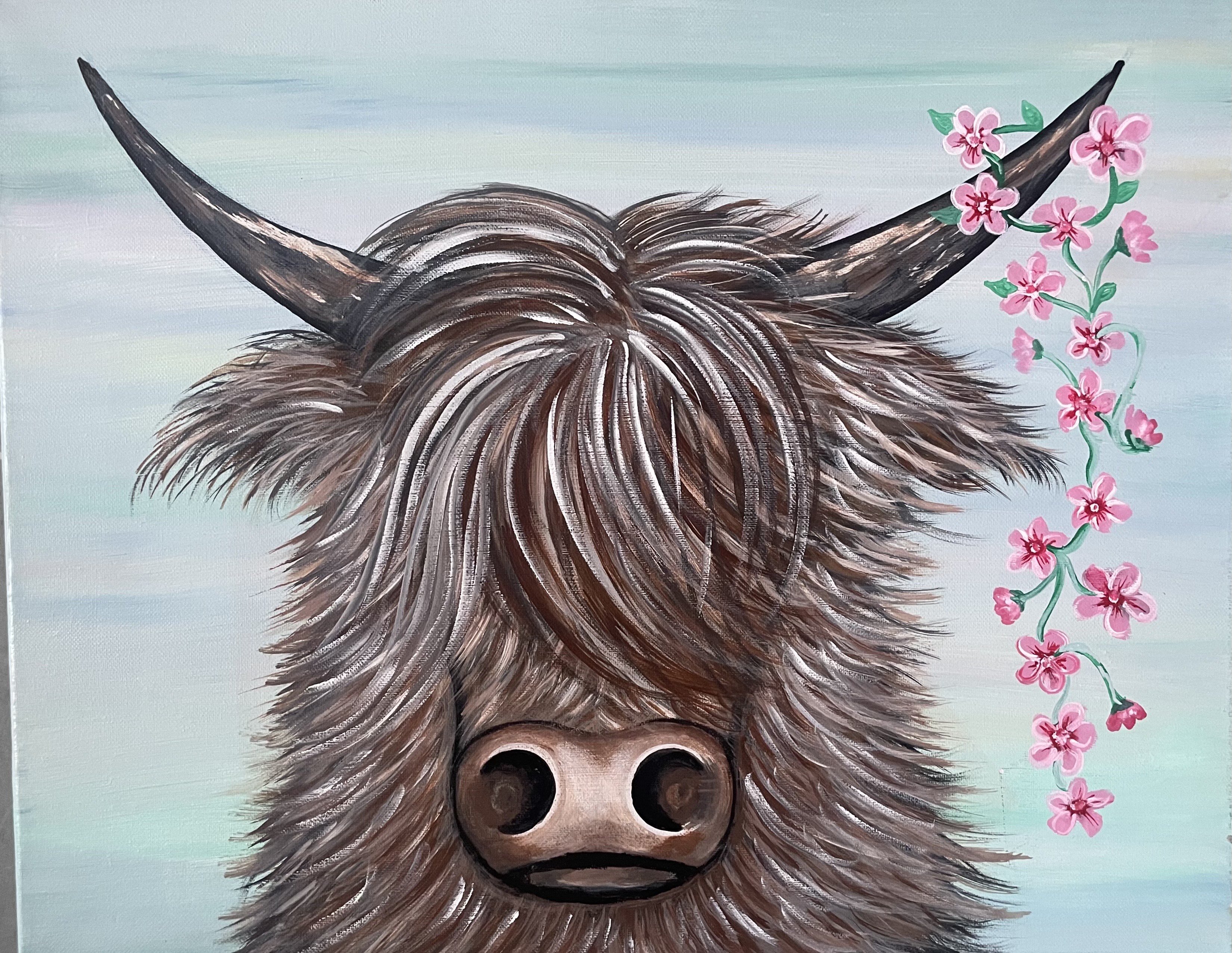 Whimsical highland cow painting with flowing brown fur and pink cherry blossoms