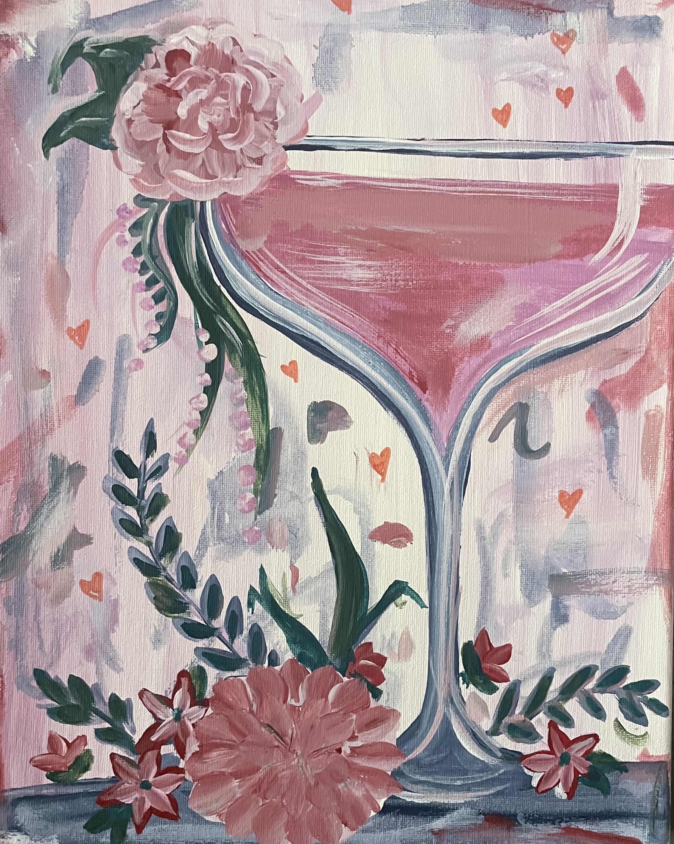 Elegant wine glass with flowers canvas painting party art